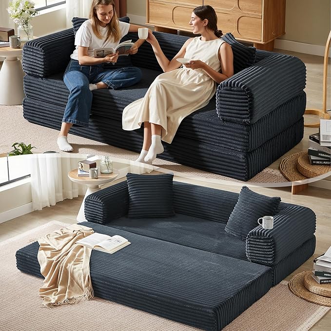 Boneless Couch Versatile Couches for Living Room No-Install Sofa Bed Corduroy Futon Soft Cloud Couch with Pillows for Bedroom Game Movie