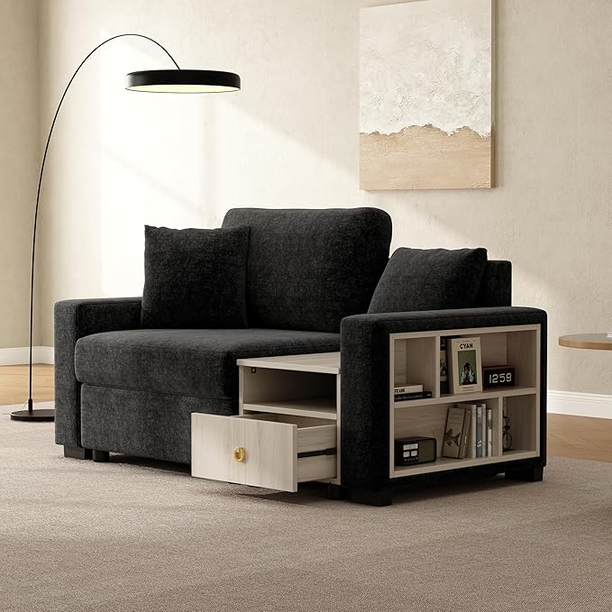 Christopher Knight Home Onvi 63.2'' Lounge Sofa Couch with Storage Armrest and Center Console Chenille Upholstered Home Sofa Living Room 1 Seater Sofa with Removable Plush Pillows Black
