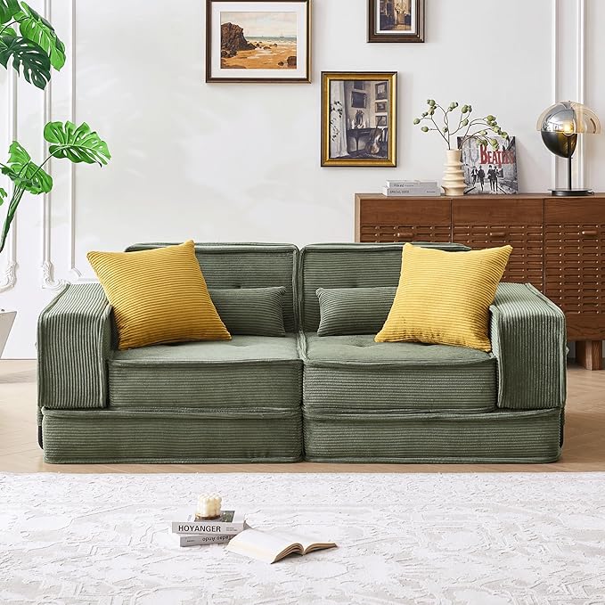 Modular Sofa Bed No Assembly Required Sectional Couch for Living Room Compressed Cloud Couch with Corduroy Fabric &amp Lumbar Pillows Small Space Furniture Green