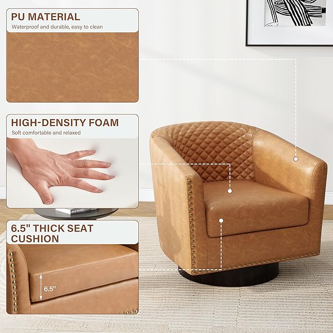 Pia Ricco Faux Leather Swivel Barrel Accent Chairs 360° Swivel Round Single Sofa Chair Comfy Upholstered Club Armchair with Nailhead Trim for Living Room/Reading Room/Bedroom Coffee