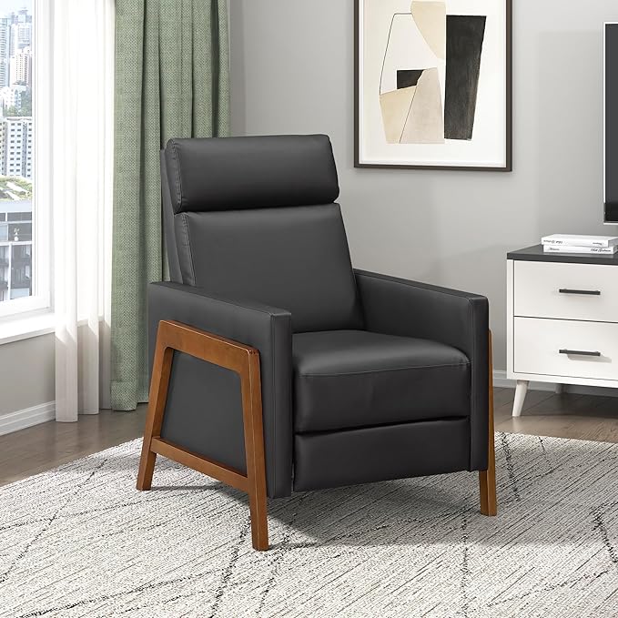 Lexicon Push Back Recliner Chair Faux Leather Upholstered Reclining Chair with Footrest Exposed Dark Brown Finish Wood Frame Small Recliner for Small Space Living Room Bedroom Black