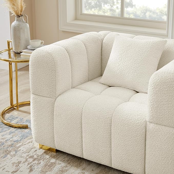 VANOMi Sofa and Chair Set Modern Deep Seat Couch &amp Boucle Sofa Chairs Oversized Upholstered Couch Sets for Living Room Bedroom Office Apartment White (2 Pieces)