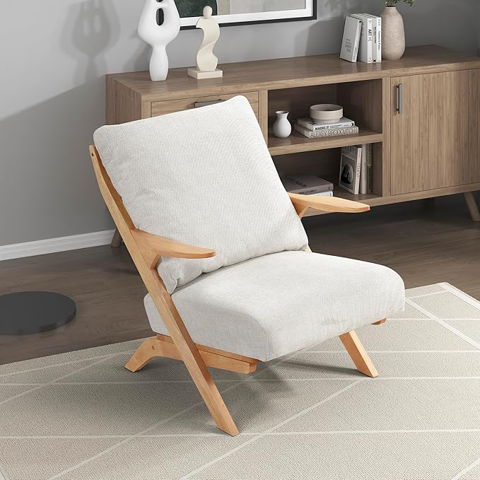 Lexicon Mid Century Modern Accent Chair Natural Finish Solid Rubberwood Frame Reversible Back Cushion Woven Chenille Upholstered Reading Chair for Living Room/Bedroom/Office Beige