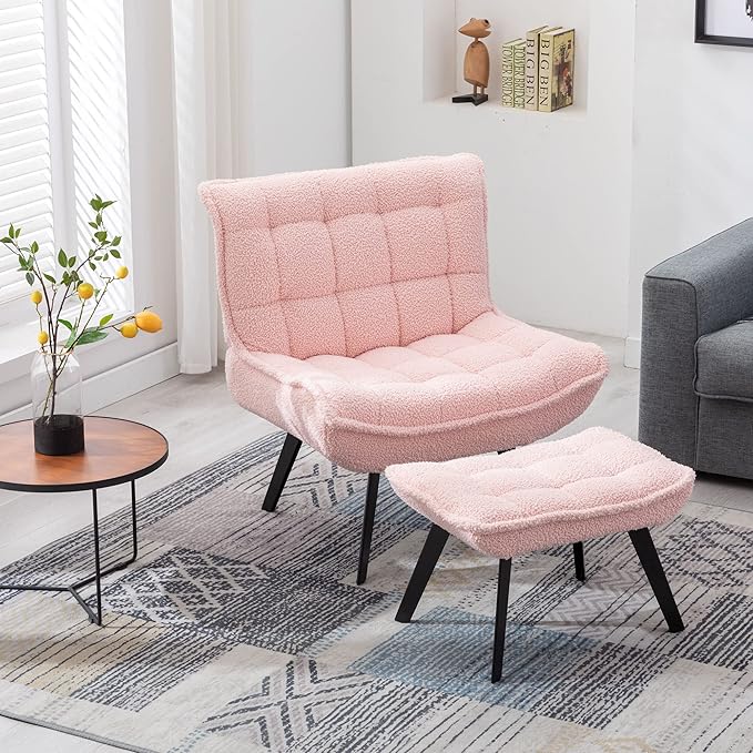 Modern Soft Teddy Fabric Material Large Width Accent Chair Leisure Chair Armchair TV Chair Bedroom Chair with Ottoman Black Legs for Indoor Home and Living RoomPink