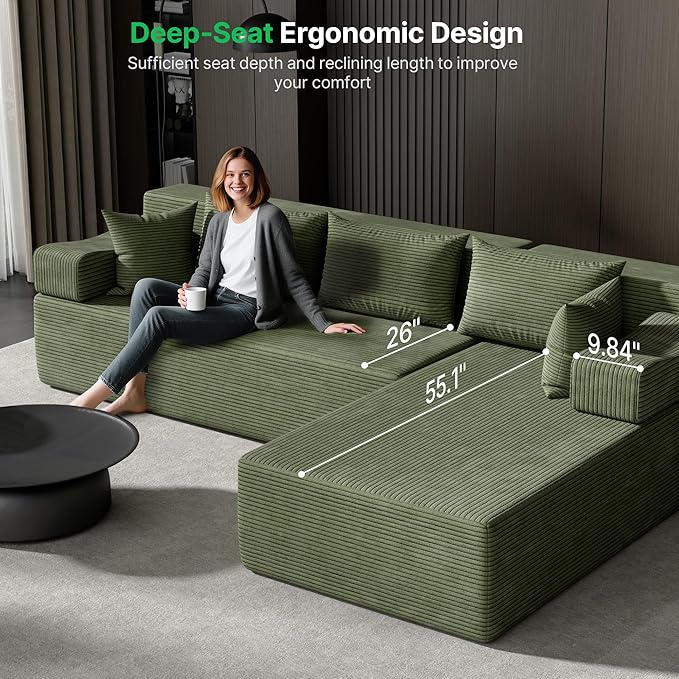 106 Cloud Sectional Couch with L-Shaped Chaise Modular Sectional Sofa with Deep Seat and Removable Armrests Comfy Corduroy Boneless Couches for Living Room No Assembly Required Green