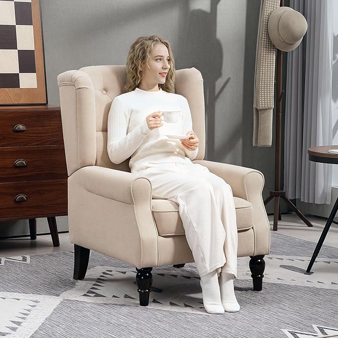 HOMCOM Mid-Century Modern Accent Chair High Wingback Reading Chair Button-Tufted Upholstered Fabric Armchair with Retro Wood Legs for Apartment Living Room Bedroom Beige