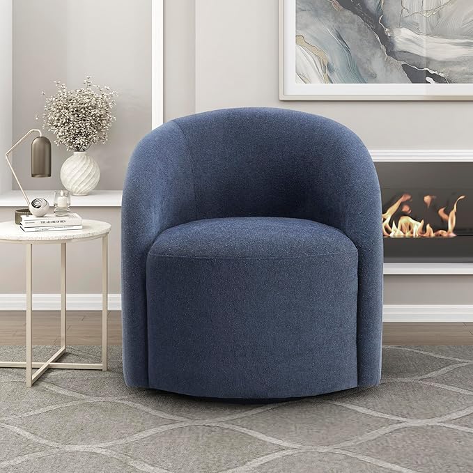 Lexicon 360 Degree Swivel Accent Chair Boucle Fabric Arm Chair with Metal Swivel Base and Sloped Arms for Living Room/Bedroom/Office Blue