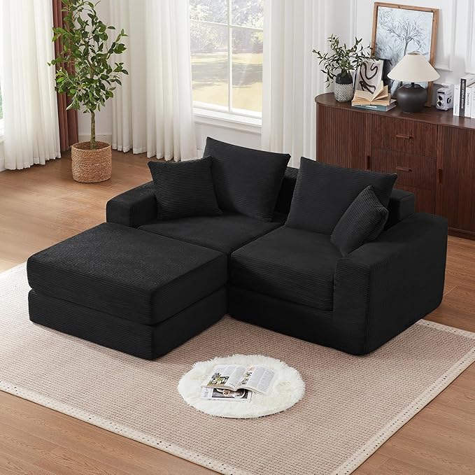 Modular Sectional Sofa with Convertible Sleeper Corduroy Fabric 2-in-1 Couch Bed with Reversible Chaise Adjustable Modular Sofas for Living Room Black