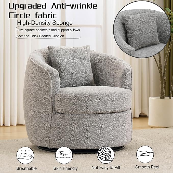 Swivel Barrel Chairs 32 Inches Wide No Assembly Round Upholstered Armchairs Accent Chairs Single Sofa Chair for Living Room (Grey Set of 1)
