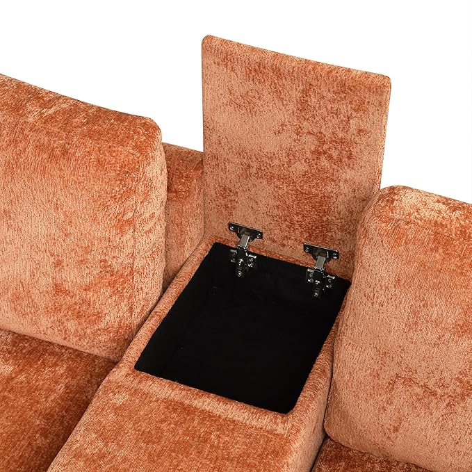 120.5 L-Shaped Convertible Sofa Bed with Pull-Out Bed Chenille Modular Sectional Sofa Reversible Sleeper with Cup Holders and Ample Storage Space for Living Room (Orange-120.5D)