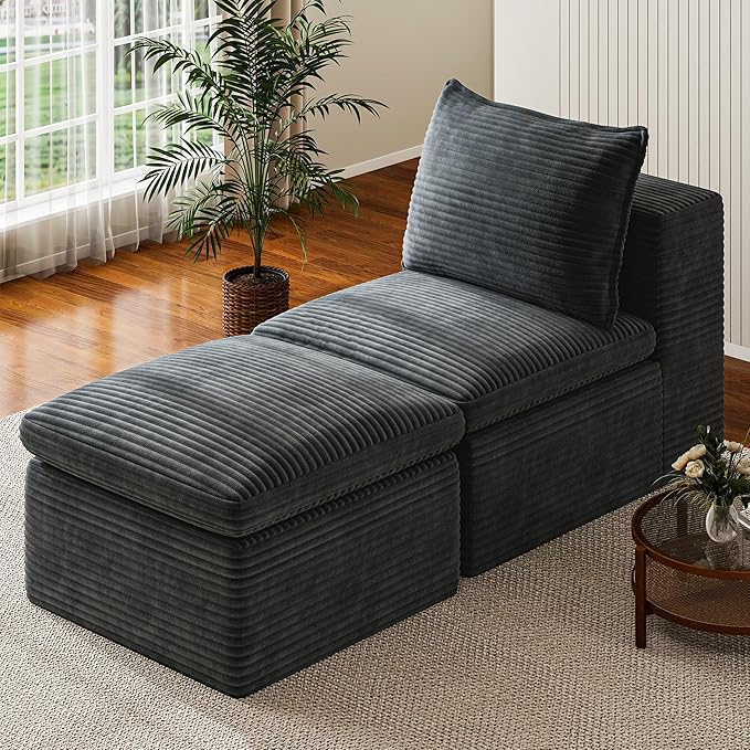 65.6 Chaise Lounge Chair Indoor Boneless Upholstered Sofa Bed Corduroy Comfy Sleeper Chair for Living Room and Bedroom Pebble Grey