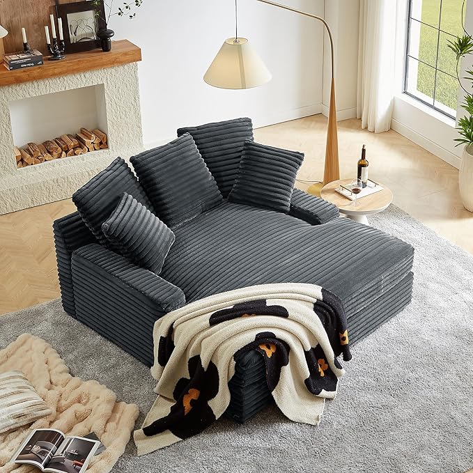 64 INCH Oversized Chaise Lounge Chair Indoor Cozy Cloud Sleeper Sofabed Extra Deep Seat Fluffy Corduroy Upholstered Loveseat Sofa Bed Daybed with 5 Throw Pillows and Solid Wood Frame for Living Room