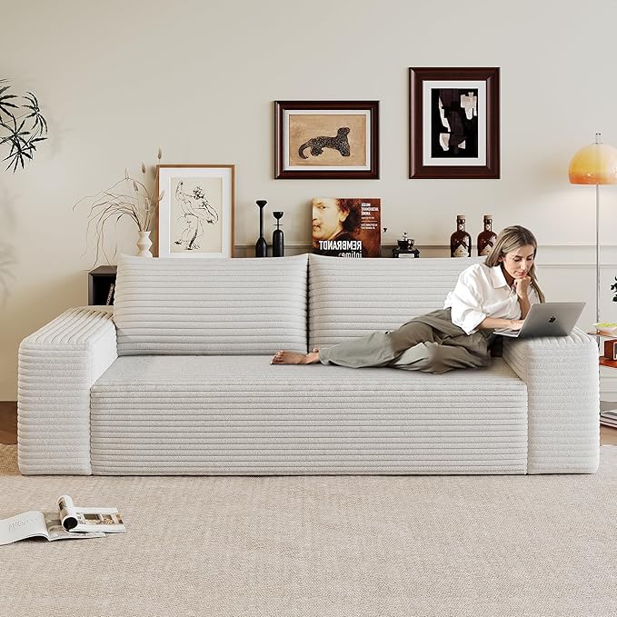 71 Corduroy Boneless Couch 2-Seater Compression Sofa with 3 Throw Pillows No Assembly Required Comfy Loveseat Sofa in a Box Modern Couches for Living Room (White 71 inch) | Breathable Material