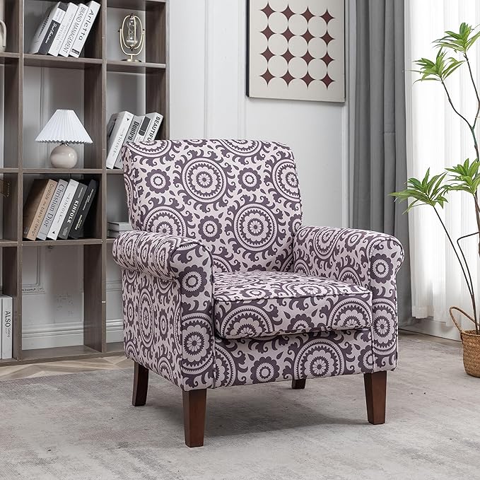 Classic Accent Armchair with Birch Wood Frame and Comfortable Rolled Armrests Arm Chairs for Living Room Bedroom and Office Decor 02 Printed Fabric