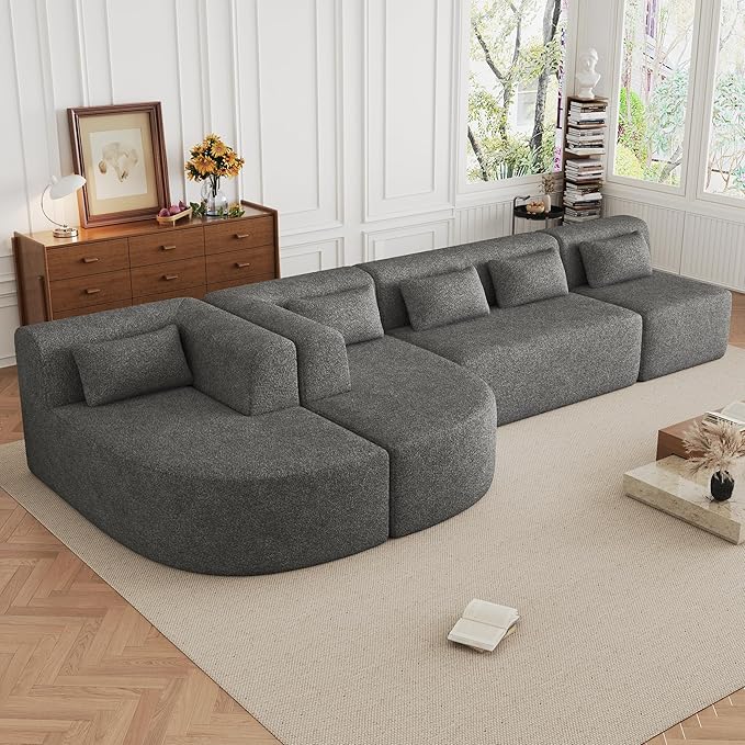 144 Sectional Sofa Modern U Shaped Couch Comfy Deep Seat Upholstered Sofa with 2 Chaise and 5 Back Pillows for Living Room Free-Combined Grey