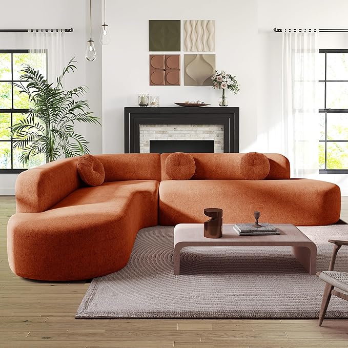 Curved Modular Sectional Sofa - 122 Extra Large 5-Seater with High Resilience Foam &amp Soft Chenille Upholstery 2-Piece Floor Couch with Round Cushions No Assembly Orange Living Room Furniture Se