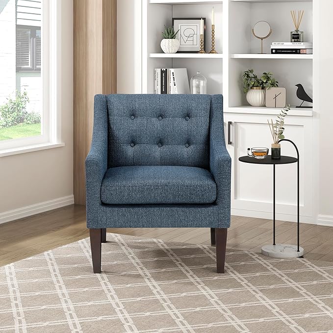 Lexicon Living Room Accent Chair Textured Fabric Upholstered Arm Chair with Button Tufted Back Sloped Arms and Wooden Legs Blue