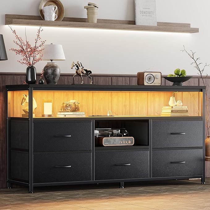 TV Stand for 55 Inch TV Entertainment Center with LED Lights &amp Power Outlets 5 Drawers Dresser for Bedroom with Open Storage Shelves Console Table for Living Room Bedroom Hallway