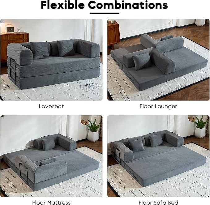 4-in-1 Folding Convertible Sleeper Sofa Bed with Fixed-Shape Frame Comfy Modular Floor Sofa with Pull Out Couch Bed Sleeper Loveseat Boneless Futon Couch for Living Room Grey