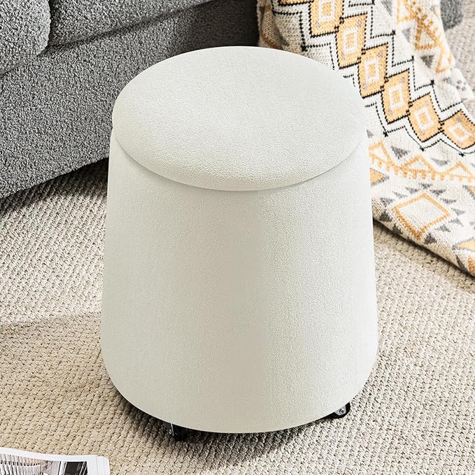 Storage Ottoman with Wheels 15“W Swivel Rolling Foot Stool Boucle Terry Fabric Coffee Table Ottoman with Hidden Storage Round Vanity Stools for Makeup Room Living Room Bedroom Entryway Dorm Beige