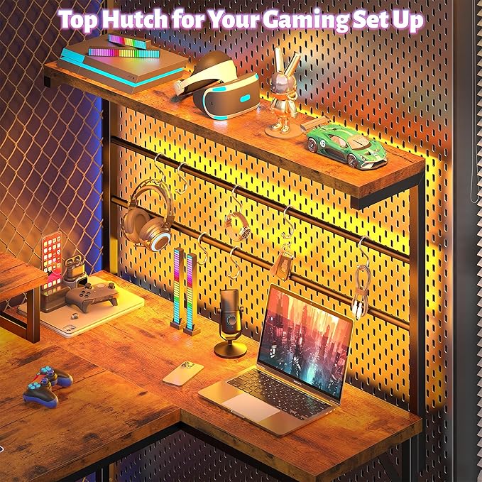 EnHomee 53 Inch Computer Desk with Power OutletGaming Desk with LED LightReversible Office Desk with Hutch &amp Monitor Stand L Shaped Corner Desk with Drawers &amp HooksHome Office Writing Desk