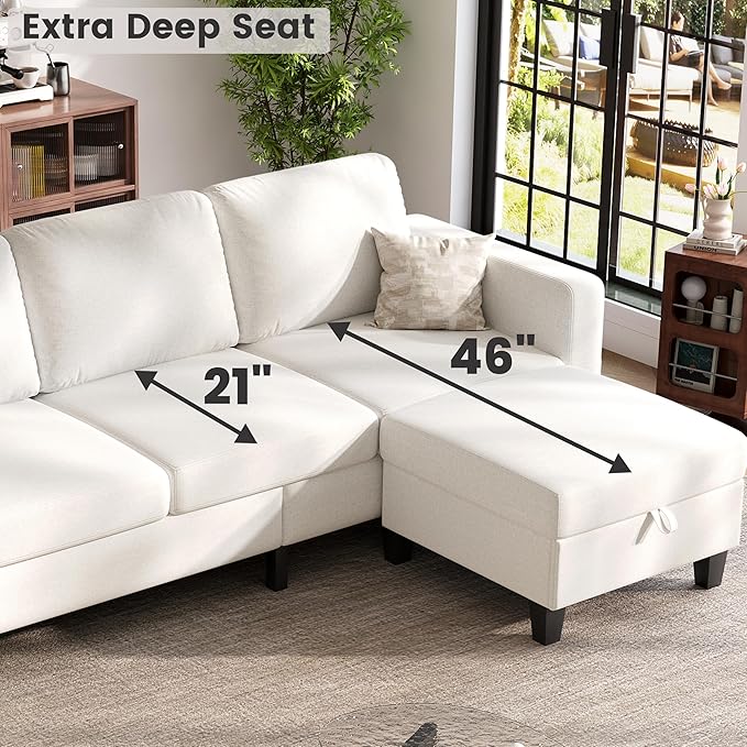Sectional Sofa and Couches for Living Room 78'' Beige 3 Seat L-Shaped Couch with Movable Ottoman Comfy Linen Convertible Sectionals Sofas with Chaise for Apartment Dorm Small Space
