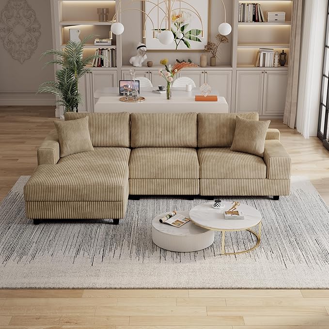ERYE L-Shaped Reversible Chaise Sectional Sofa Corduroy Upholstered Corner Tufted Sofa Couch with Reversible Chaise LoungeHeadrestsRemovable Armrests and 2 Pillows