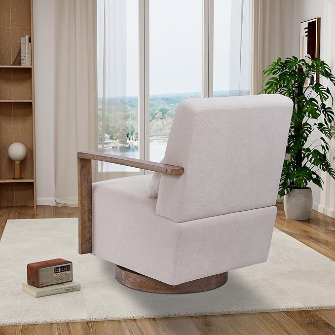 30.5 W Swivel Modern Fabric Upholstered Accent Chair with Solid Wood Armrests Comfy Lounge Reading Chair Side Armchair for Hotel Bedroom Living Room Office Nursery Room (Beige Linen)