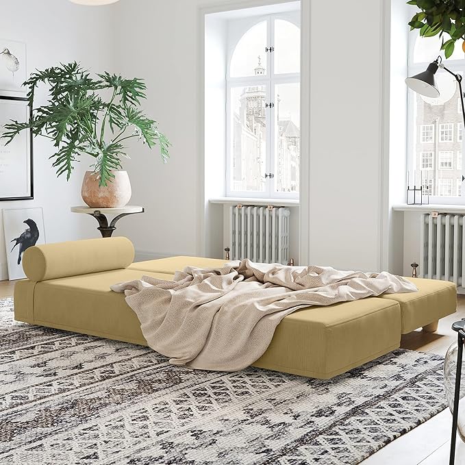 Jaxx Alon Daybed - Fold-Out Sleeper Chaise with Premium Memory Foam Queen-Size Mattress - Made in The USA - Camel