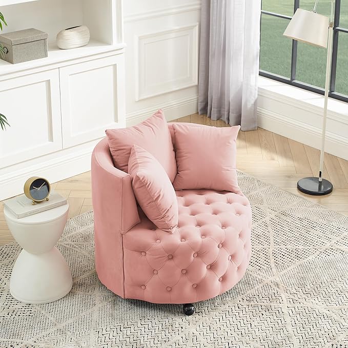 Velvet Upholstered Swivel Chair for Living Room with Button Tufted Design and Movable Wheels Including 3 Pillows Pink