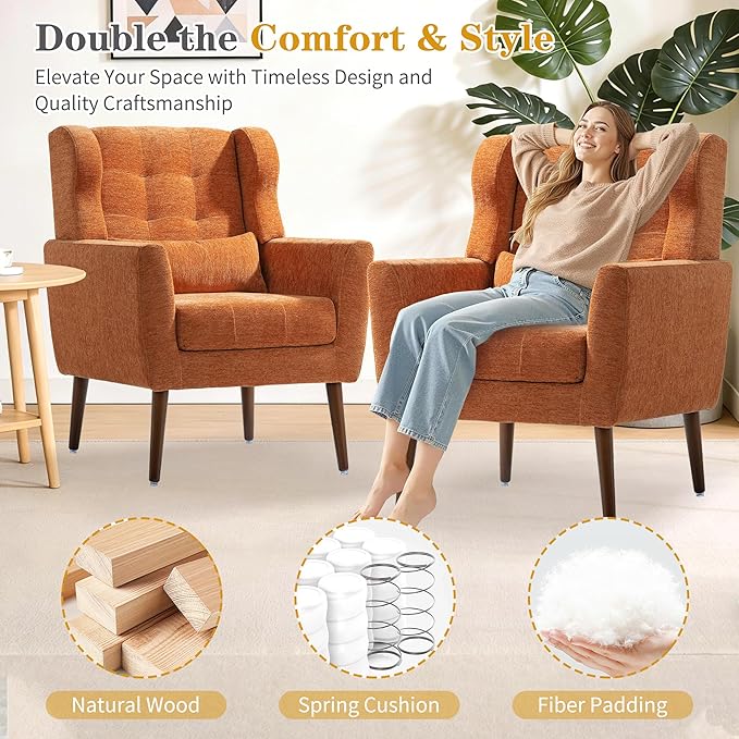 Accent Chair Set of 2 Upholstered Armchair with Pillow Fabric Single Sofa Chair with Lounge Seat and Wood Legs Accent Chair for Living Room Small Spaces (Orange Set of 2)