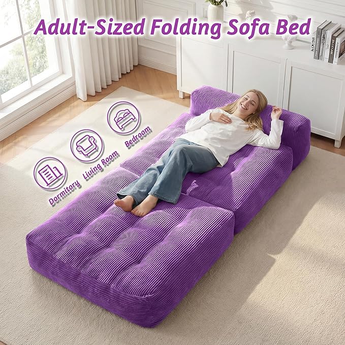 HABUTWAY Folding Sofa Bed Convertible Sleeper Chair Bed with Pillow &amp Handle Foldable Mattress with Back Support Portable Single Couch Comfy Floor Sofa Lounge for Living Room Bedroom(Dark Purp