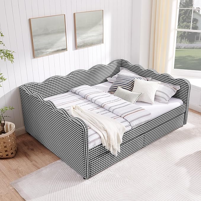 Cozy Gingham Daybed with 2 Drawers Queen Size Sofa Bed No Box Spring Needed with USB Port and Adorable Wave Shaped Linen Fabric Navy (Black+Queen+2 Drawers)