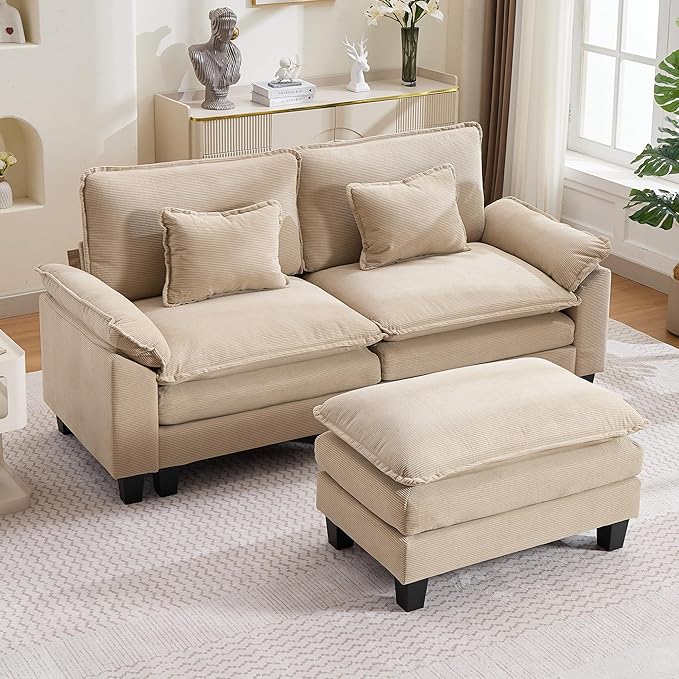 87 Corduroy Modular Sectional Sofa Convertible L Shaped Modular Sofa Comfy Cloud Couch with Ottoman Side Pockets and 2 Throw Pillows for Living Room Kahki 3 Seats