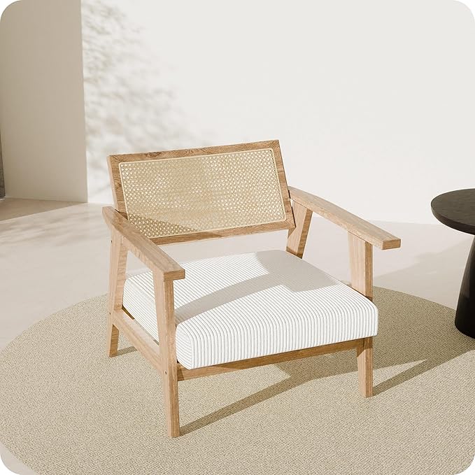 BELLEZE Mid Century Modern Rattan Chair Set of 2 Accent Natural Wood Armchair with Upholstered Seat and Cane Back Boho Retro Lounge Chair for Living Room Bedroom Office