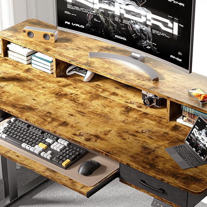 55x24 Inches Electric Standing Desk with Keyboard Tray Height Adjustable Stand up Desk with 2 Drawers Ergonomic Sit to Stand Desk with Storage Monitor Stand Computer Table Rustic Brown