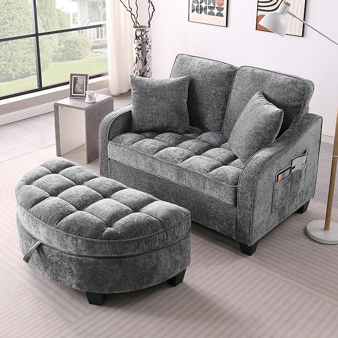 Modern Double Sofa Chaise Longue with Irregular Armrests and Backrests Footrest with Storage Space Sofa Bed for Living Room Bedroom Office (Grey/D1)