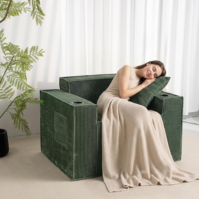Cloud Single SofaChaise Lounge Chair with Cup Holder &amp Side PocketElevated Seat HeightNo Assembly RequiredBoneless Corduroy Chair for Small SpaceBedroomOffice (Green Single Sofa)
