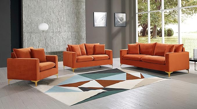Meridian Furniture 633Cognac-S Naomi Collection Modern | Contemporary Velvet Upholstered Sofa with Deep Channel Tufting and Rich Gold Stainless Steel Legs Cognac 81.5 W x 33.5 D x 30 H