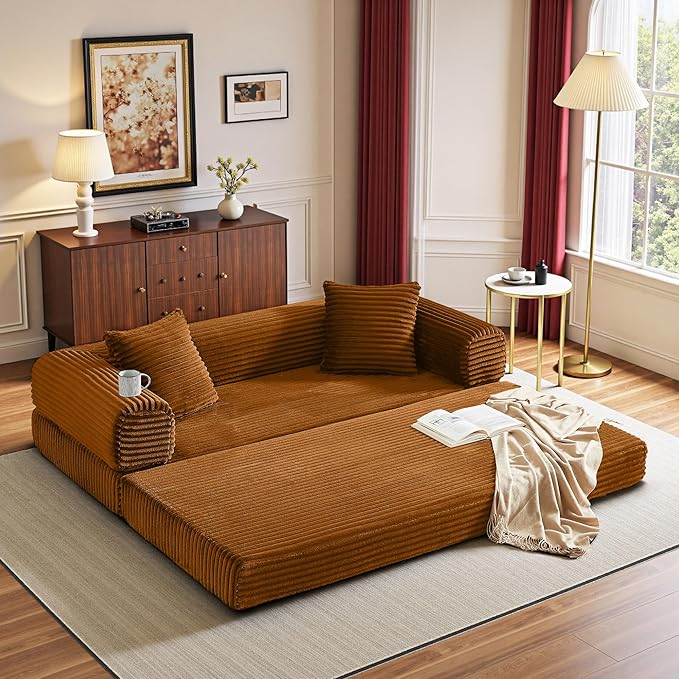Boneless Couch Versatile Couches for Living Room No-Install Sofa Bed Corduroy Futon Soft Cloud Couch with Pillows for Bedroom Game Movie (Orange)