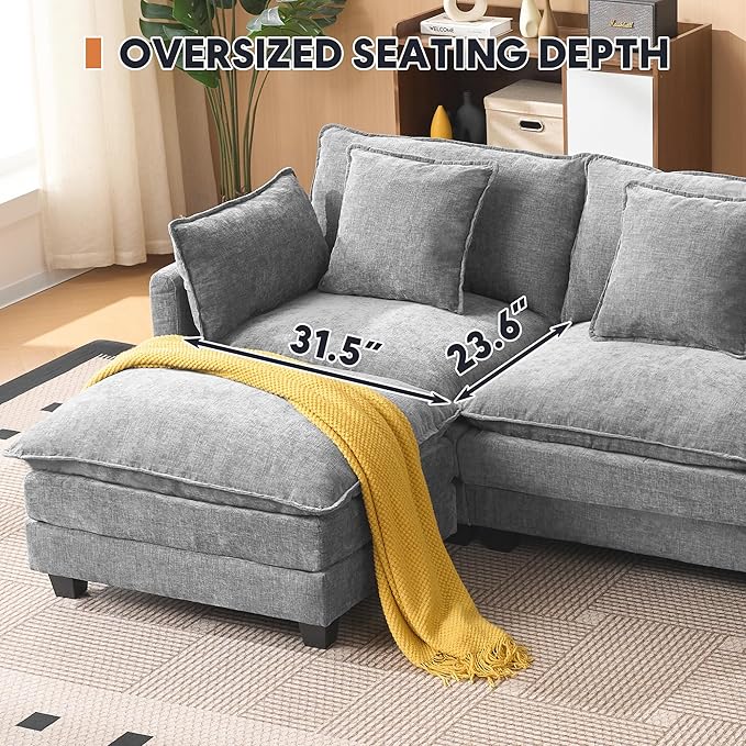 Modern 102 L Shaped Sectional Sofa Cloud Couch Comfy Chenille Modern Modular Sleeper Sofa Upholstery Sofa with Ottoman &amp Memory Foam for Living Room Grey