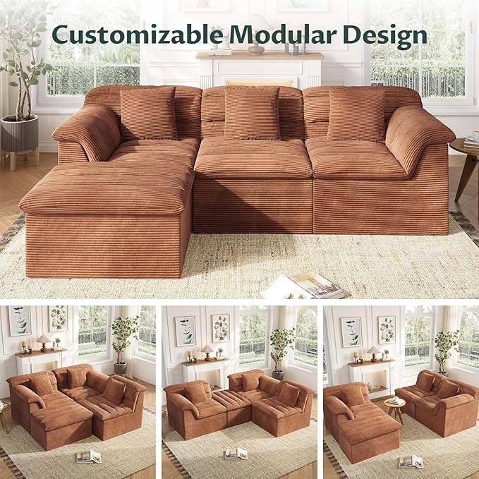 112 Modular Cloud Sectional Couch with Ottoman Modern Upholstered Compressed Sofa with Deep Seat Comfy L-Shape Corduroy Couches for Living Room No Assembly Required Toffee
