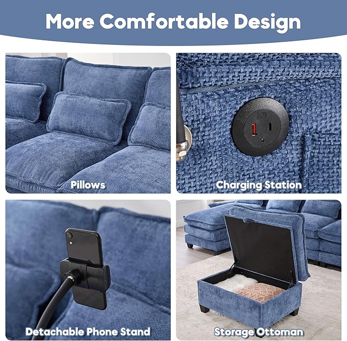 U Shape Sectional Sofa Cloud Couch 106.7 Modern Chenille Comfy Modular Couch with Storage Ottoman 4 Seat Upholstery Sofas with USB Port &amp Phone Holder for Living Room Navy Blue