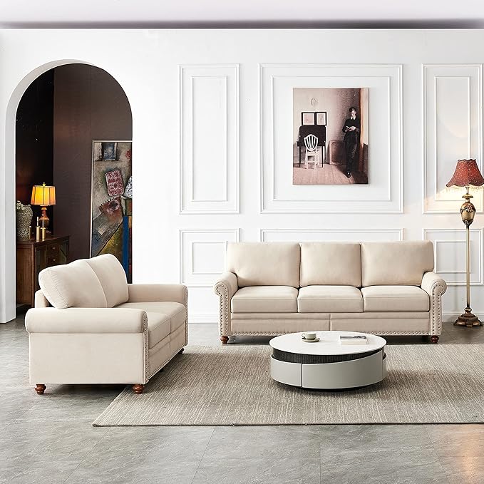 82'' Linen Fabric CouchLiving Room Furniture Sofa Set Rivet Decoration Sectional Sofa Set for Living Room Apply to Office and Home(3 Seater Sofas+Loveseat) Beige