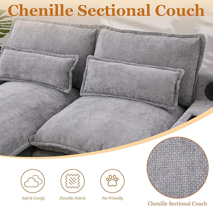 126 Modular Sectional Sofa with Storage Console Cloud Couch Chenille U-Shaped Sofa Cup Holders &amp Wireless Charger Memory Foam Double Chaise for Living Room Office Grey