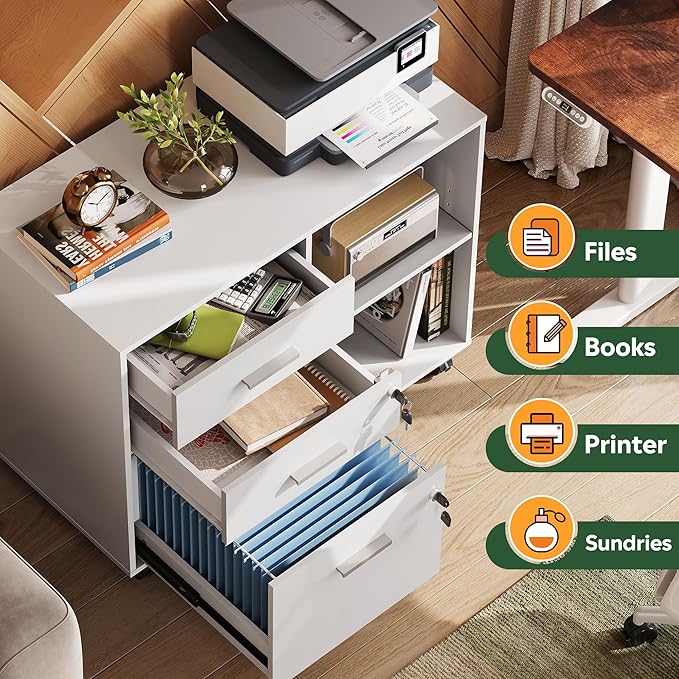 DEVAISE 3-Drawer Wood File Cabinet with Lock Mobile Lateral Filing Cabinet Printer Stand with Open Storage Shelves for Home Office White