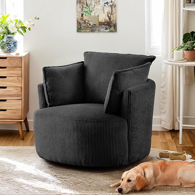 Swivel Accent Chair Comfy Reading Chairs for Bedroom Modern Corduroy Armchair 360°Swivel Barrel Chairs for Living RoomApartment (Black Chair Without Ottoman)