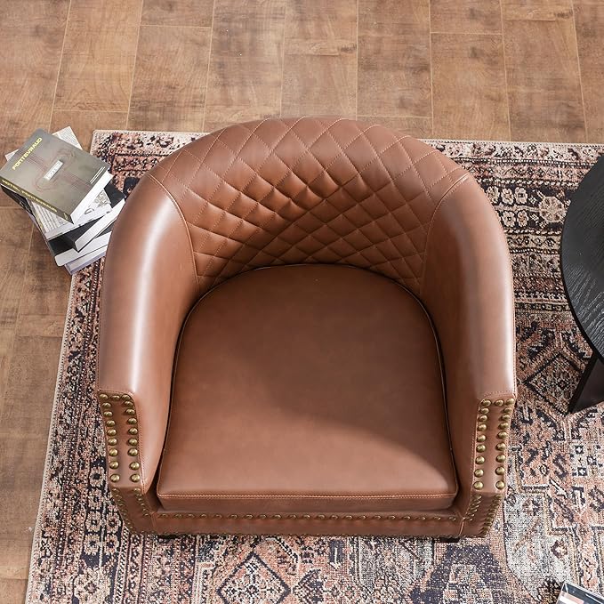 KINWELL Upgraded 29-inch Barrel Club Chairs Sloped Arm Design for Small Spaces Double Row Nailhead Trim Faux Leather Accent Chairs with Solid Wood Legs for Living Room (Mottled Mesh Brown)