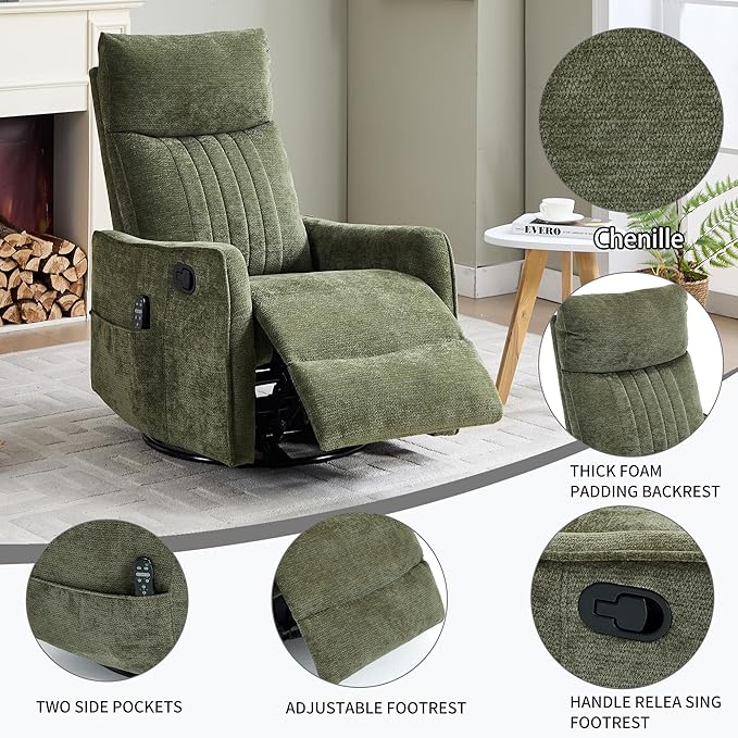 Small Swivel Rocker Recliner Chair for Nursery Heat &amp Massage Manual Upholstered 360° Fabric Glider Chair Small Recliners for Small Spaces Living Room (Green)