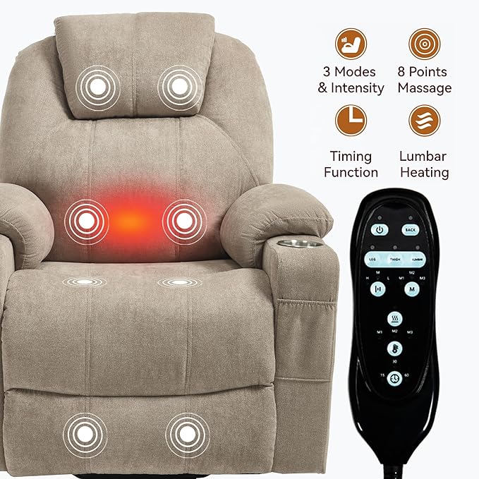 Chenille Electric Power Lift Recliner Chair Massage Single Sofa with Vibration Massage and Lumbar Heating Ergonomic Lounge Couch with Cup Holders and USB Charge Port for Living Room (Khaki)